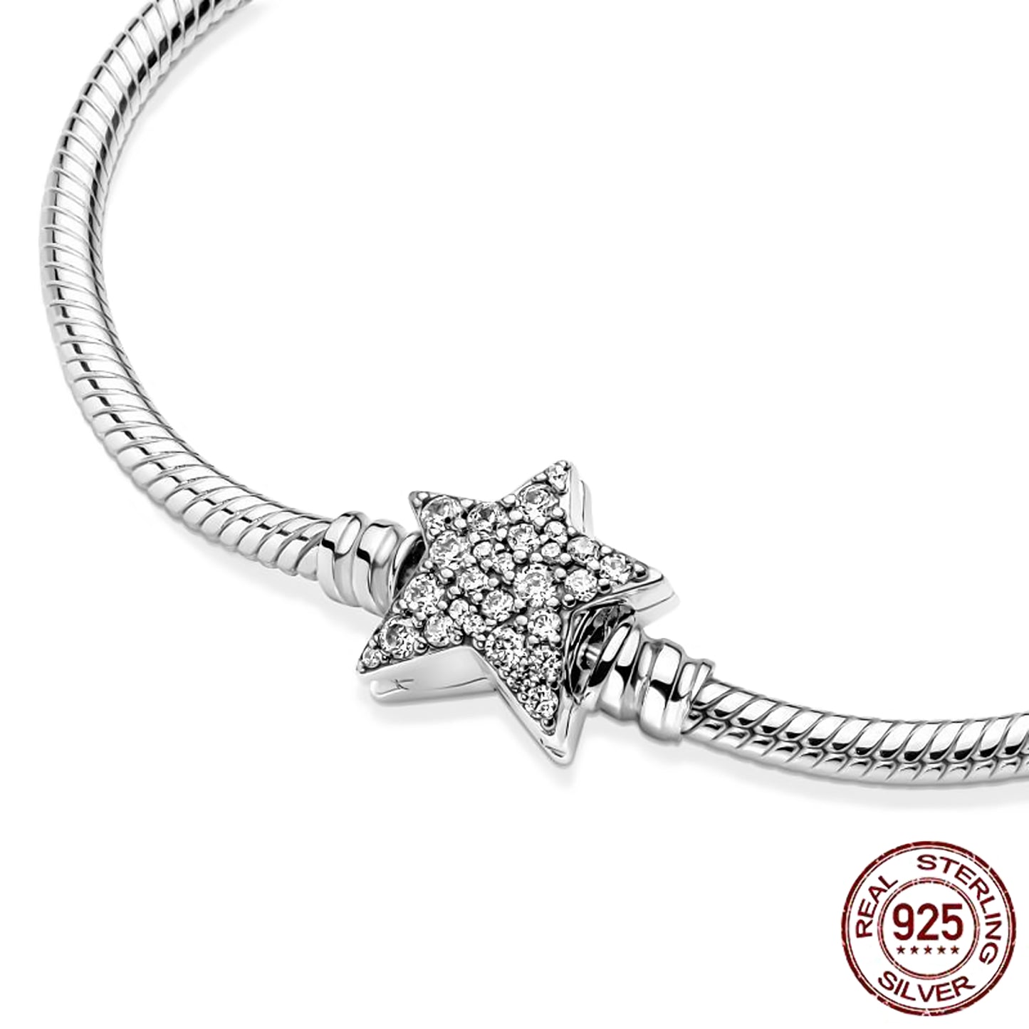 MariaFonte Bracciale Semi-Rigido in Argento 925 con Chiusura a Clip a Stella Compatibile con Charm Pandora