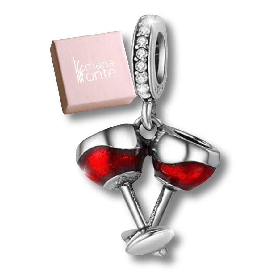 Maria Fonte Bead Charm Ciondolo Calici di Vino in Argento 925 con Zirconia Compatibile con Collane e Bracciali Pandora