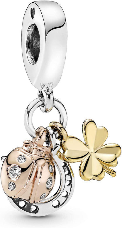 MariaFonte Charm Ciondolo Portafortuna Coccinella Quadrifoglio Ferro di Cavallo Argento 925 Zirconia Compatibile con Collane e Bracciali Pandora