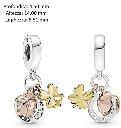 MariaFonte Charm Ciondolo Portafortuna Coccinella Quadrifoglio Ferro di Cavallo Argento 925 Zirconia Compatibile con Collane e Bracciali Pandora