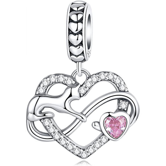 Maria Fonte Bead Charm Ciondolo Cuore Gatto Infinito Cuoricino Rosa in Argento 925 con Zirconia Compatibile con Collane e Bracciali Pandora