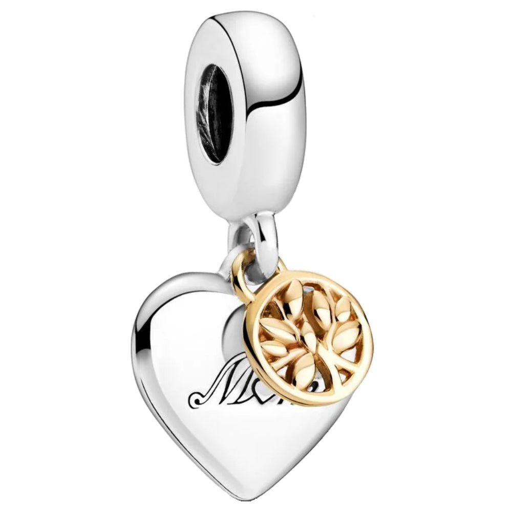 MariaFonte Charm Albero della Famiglia Cuore You are the heart of our Family (sei il cuore della nostra famiglia) Argento 925 Oro 14K Compatibile con Collane e Bracciali Pandora