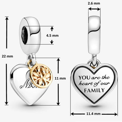MariaFonte Charm Albero della Famiglia Cuore You are the heart of our Family (sei il cuore della nostra famiglia) Argento 925 Oro 14K Compatibile con Collane e Bracciali Pandora