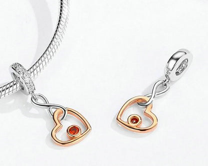Maria Fonte Charm Cuore Rosa Corallo Rosso Infinito Argento 925 Zirconia Compatibile con Collane e Bracciali Pandora