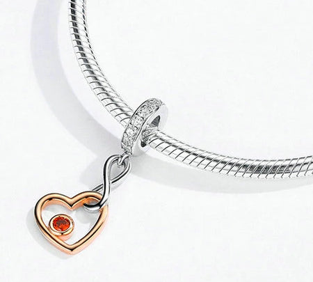 Maria Fonte Charm Cuore Rosa Corallo Rosso Infinito Argento 925 Zirconia Compatibile con Collane e Bracciali Pandora