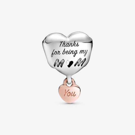 MariaFonte Bead Charm Cuore Thanks for being my Mom (grazie per essere la mia mamma) Argento 925 Compatibile con Collane e Bracciali Pandora