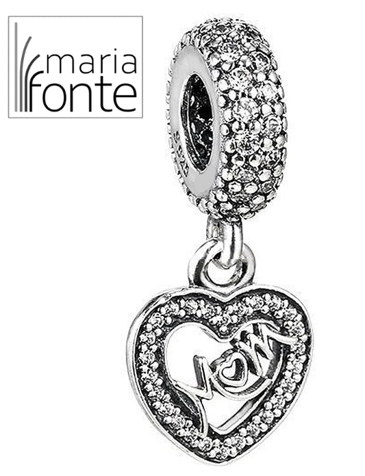 Maria Fonte Bead Charm Ciondolo a Forma di Cuore con iscrizione 'Mom' in Argento 925 Compatibile con Collane e Bracciali Pandora