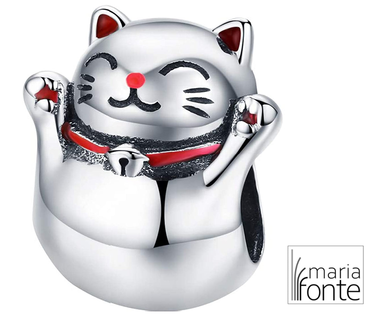 Maria Fonte-Bead Charm Ciondolo Gatto Giapponese Portafortuna (Maneki Neko) in Argento  925 Compatibile con Collane e Bracciali Pandora