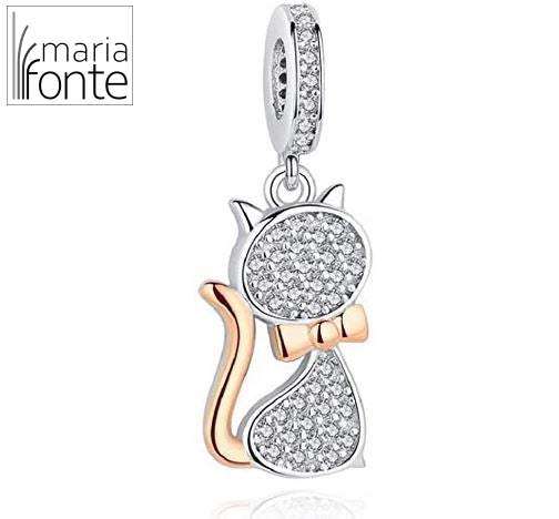 Maria Fonte Bead Charm Ciondolo Gatto in Argento 925 con Zirconia Compatibile con Collane e Bracciali Pandora