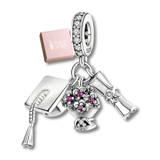 MariaFonte Charm Laurea Diploma Fiori Pergamena Portafortuna Argento 925 Zirconia Compatibile con Collane e Bracciali Pandora