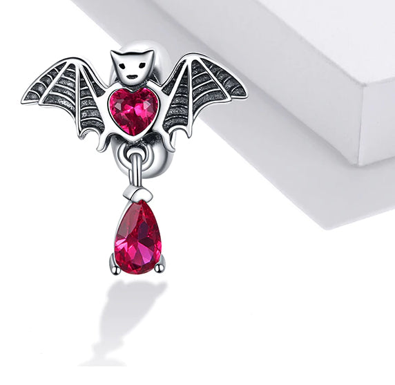 MariaFonte Charm Pipistrello Cuore Corallo Rosso Argento 925 Zirconia Compatibile con Collane e Bracciali Pandora