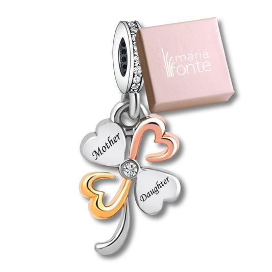 Maria Fonte Bead Charm Ciondolo Quadrifoglio Madre Figlio Portafortuna in Argento 925 con Zirconia Compatibile con Collane e Bracciali Pandora